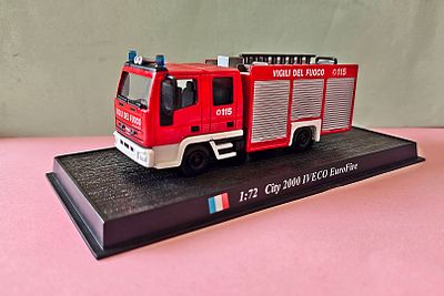 A collectible model (Diecast) of an Italian fire truck (Die-cast) City 2000 IVECO EuroFire 