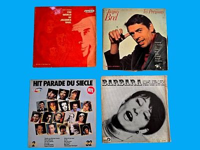A collection of 4 different music albums in vinyl record (LP) format, including classic French 