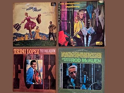 A collection of 4 different music albums in vinyl record (LP) format, from the 1960s. The 