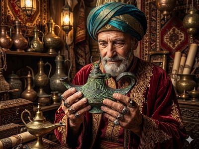 A bronze or brass oil lamp in the style of a classic Aladdin lamp, decorated with oriental 