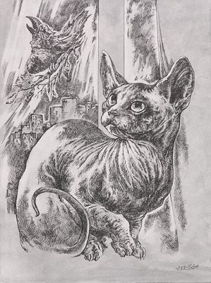 Виктор Эль-Сафади. Рисунок "Птичка за окном". Бумага, тушь, акварель, 40х30 см., худ. Виктор