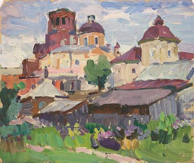 Этюд "Покровский Хотьков монастырь". Картон, масло, 41,5х49,5 см., на обороте карандашом "Ю.