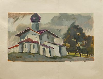 Манюков Олег Григорьевич. Рисунок "Вознесенская церковь". Бумага, смешанная техника, 34,6х61,5