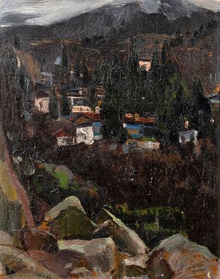 Лазарь Семенович Язгур. Этюд "Крым. Алупка". Картон, масло, 28,5 х 23 см, худ. Л.С. Язгур