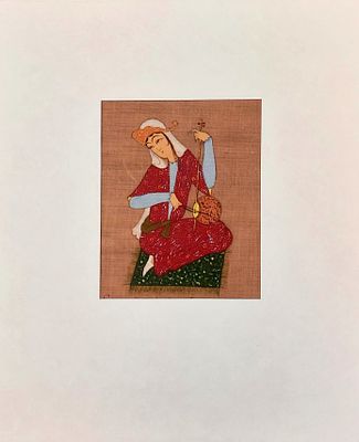 Узбекская миниатюра с паспарту "Девушка играющая на ребабе". Ткань, смешанная техника, 9,6х7,8