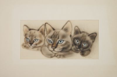 Картина с паспарту "Кошка с котятами". Бумага, смешанная техника, 16х32 см. (окно), 32,5х49 см.