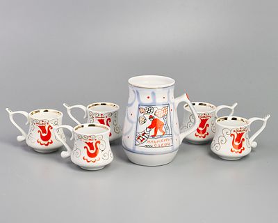 Кружка и чарочки (чашечки) (5 шт.) "Ильмень-озеро. Ладья" (6 предметов). Фарфор, роспись, деколь 