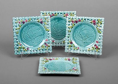 Тарелки декоративные "Птицы" (4 шт.). Майолика, цветные эмали, 15,2х15,2 см., Зап. Европа, нач. 