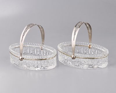 Конфетницы с ручкой (2 шт.). Хрусталь, прессование, гранение, 9х14 см.(овал), h-10.5 см.(по 
