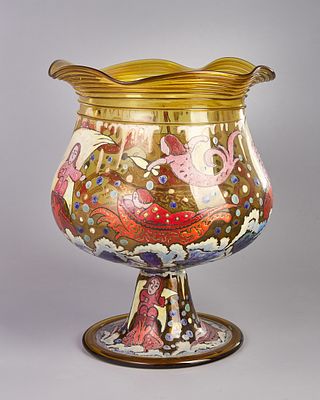 Ваза на ножке "Русалки". медовое стекло, роспись, эмалевые краски, выдувание, h-25,5 см., d-18,5 