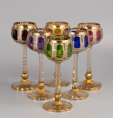 [Moser]. Бокалы "Цветные прямоугольники со скошенными углами " (6 шт.). Бесцветное и цветное 