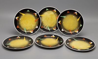 Тарелки десертные "Геометрия" (6 шт.). Фарфор, роспись, крытье, d-19,2см., Германия, "Jlmenau" 