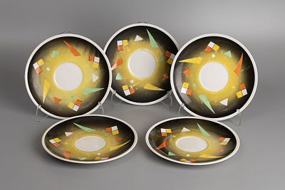 Блюдца "Геометрия" (5 шт.). Фарфор, роспись, крытье, d-15 см., Германия, "Jlmenau" (Ильменау) 
