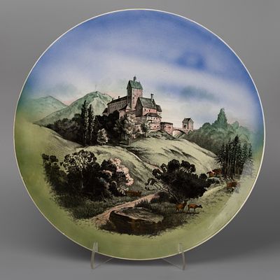 Блюдо декоративное настенное "Замок". Фаянс, деколь, аэрография, d-39 см., Германия, "Виллерой 