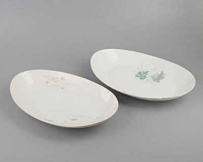 Блюда овальные для сервировки стола "Камыши", "Листья" (2 шт.). Фарфор, деколь, позолота, h-5,5 
