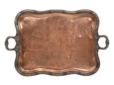 Поднос "Цветочно-растительный орнамент", . Медь, накладное серебро, пресс, чеканка, пайка, 60х38 