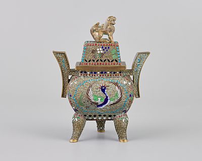 Ароматница с крышкой "Собака Фо". Бронза, литье, полихромная эмаль, h-14 см., b-11 см., Япония 