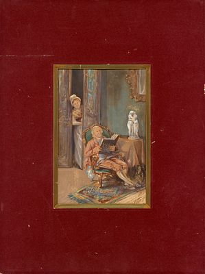 Николай Николаевич Ге (младший). Картина с паспарту "За чтением альманаха". Бумага, смешанная 