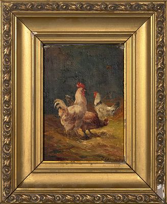 Картина в раме "Петух и курочки". Холст, масло, 22х16,3 см. (картина), 37х30,5 см. (рама), в 