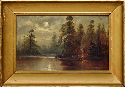 [Карл Иоганович Розен по подписи]. Картина в раме "Ночное озеро". Картон, масло, 21,5х35 см. 