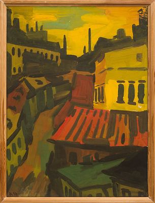Картина в рамке-обноске "Крыши". Бумага, смешанная техника, 59х45 см. (картина), 61,5х46 см. 
