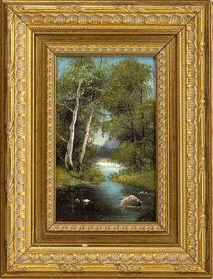 Картина в раме "Лесной ручей". Холст на картоне, масло, 15х9 см. (картина), 24,5х18,5 см. 