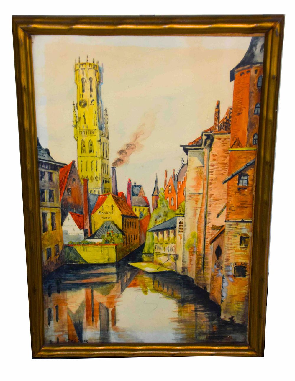 Lot 205: Watercolor of old city block with canal