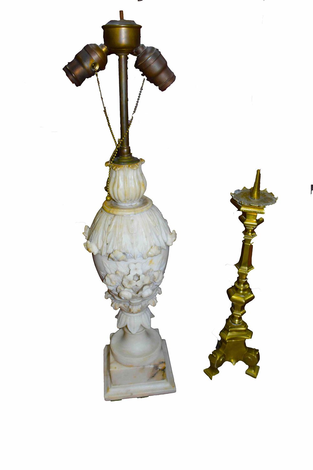 Lot 211: Marble Table Lamp and one brass candlestick