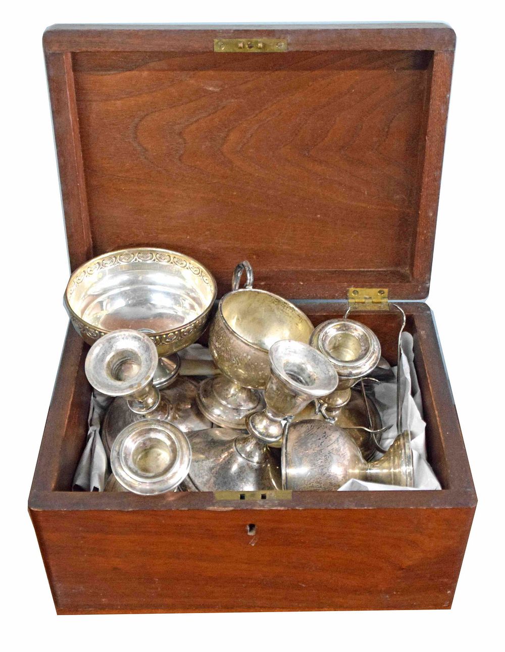 Lot 176: Walnut Box with Silver Items