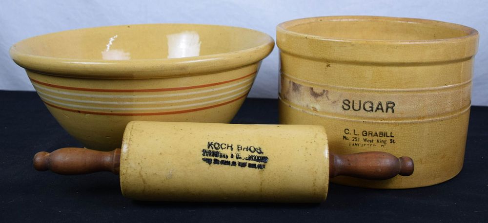 Lot 162: Yellowware Bowl, Rolling Pin & Crock