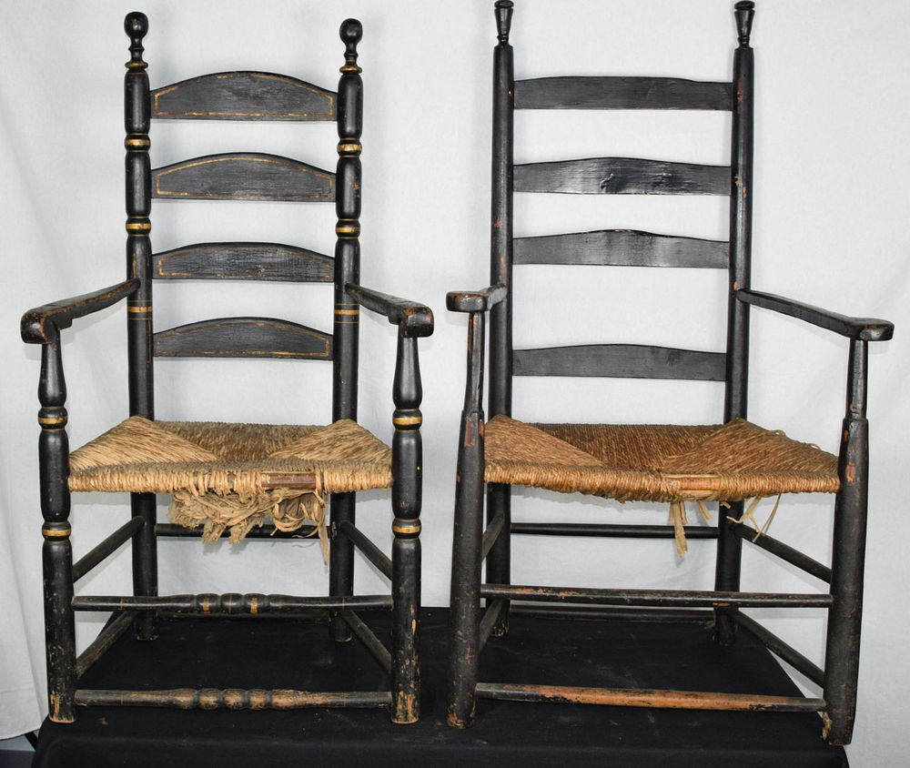Lot 170: Two Painted Ladderback Arm Chairs - Rush Seats