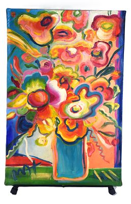 Peter Max Vase Of Flowers. An oil on canvas of a vase of flowers by Peter Max, signed lower left 