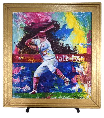 Leroy Neimen Baseball Painting. Framed, oil on board depiction of a baseball player swinging 