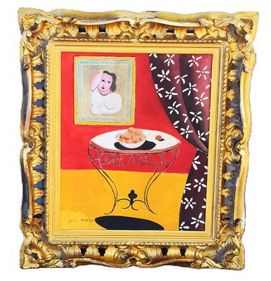 Henri Matisse Oil Painting. Framed oil on canvas painting of depicting a small table and 