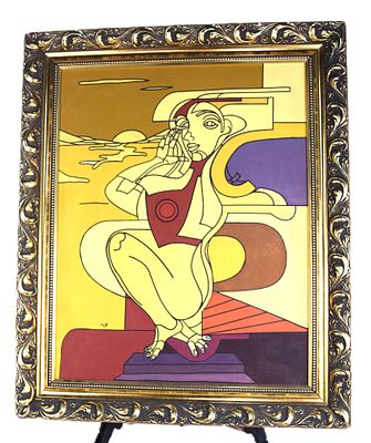 Adami Oil Painting. Framed acrylic on canvas abstract of a lady, with their thick black contours 