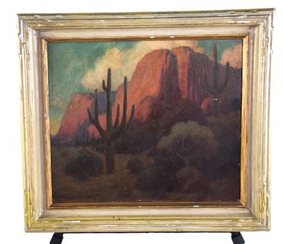 New Mexico Sunset Painting. Oil painting on artist board titled "New Mexico Sunset" signed and 