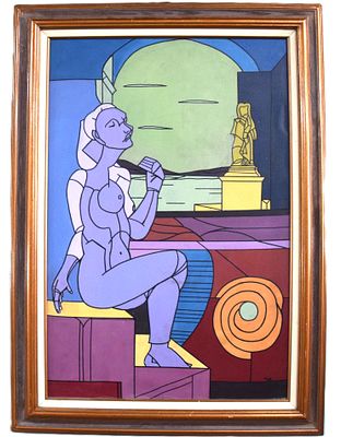 Adami Oil Painting. Framed acrylic on canvas abstract of a lady on steps, with their thick black 