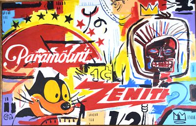 Basquiat/Warhol Pop Art. An attributed Basquiat and Warhol pop art painting, oil on canvas with 