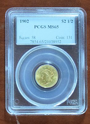 1902 Gold Quarter Eagle. PCGS graded MS65 Liberty Head gold quarter eagle, 1902.(.900 gold 