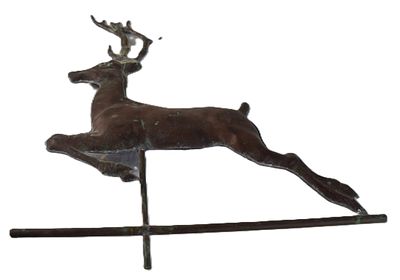 Stag Weathervane. Hollow copper stag leaping weathervane with antlers. Dimensions: 24" L x 26" H
