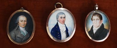 Three Miniature Portraits. Three miniature portraits, oval gold frames, of three gentlemen. Two 