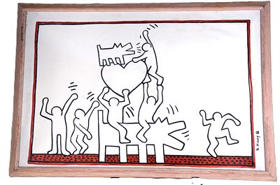 Attributed Keith Haring Oil Painting. An attributed/in the style of a Keith Haring oil on canvas 