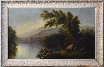 Hudson River Landscape. Hudson River landscape, oil on canvas, of a river scene, with mountains 