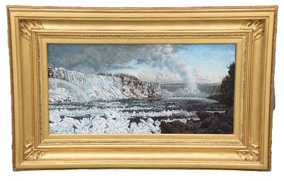 Peter Cameron Painting Of Niagara Falls. Framed and dramatic oil on canvas of Niagara Falls in 