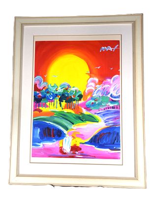 Peter Max Landscape. An oil on canvas landscape with the sun, river and trees by Peter Max 