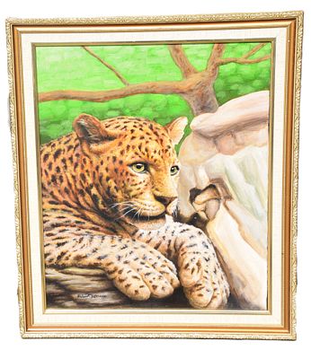 Leopard Painting i. Framed oil on artist board of a leopard by rocks. In the style of Robert 