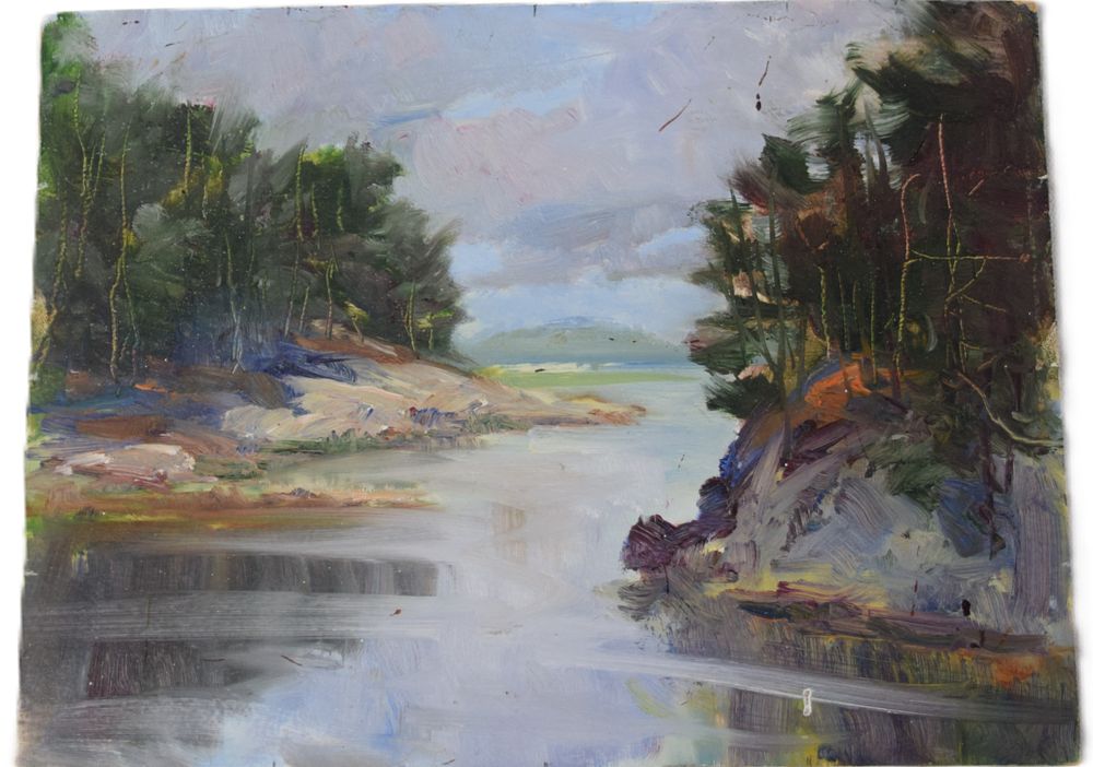 Lot 174: River Scene Oil Painting