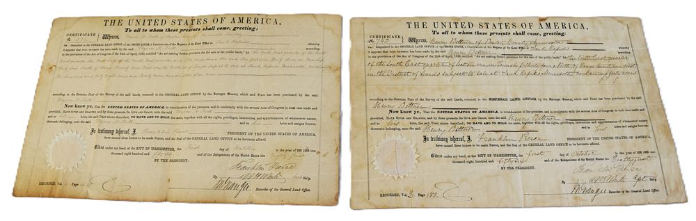 Lot 184: Two Land Grants Signed By President Pierce