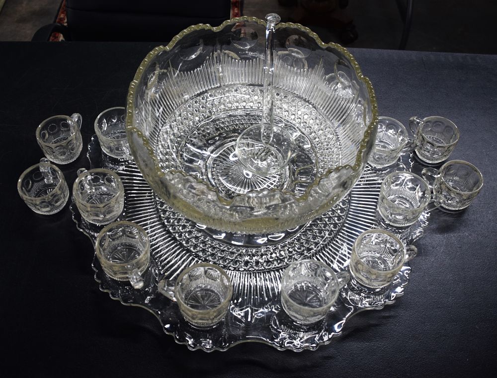 Lot 200: Pattern Glass Punch Bowl With Glasses