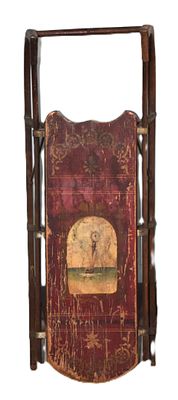 Rare Painted Sled. Rare sled attributed to Paris Mfg. Co. with hand painted sailboat, stenciled 